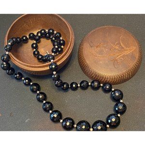 925 Sterling Graduated Faceted Onyx Beaded Necklace 23" in faux wood box